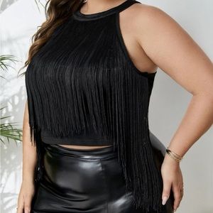Privé Plus Fringe Trim Asymmetrical Hem Top 1X